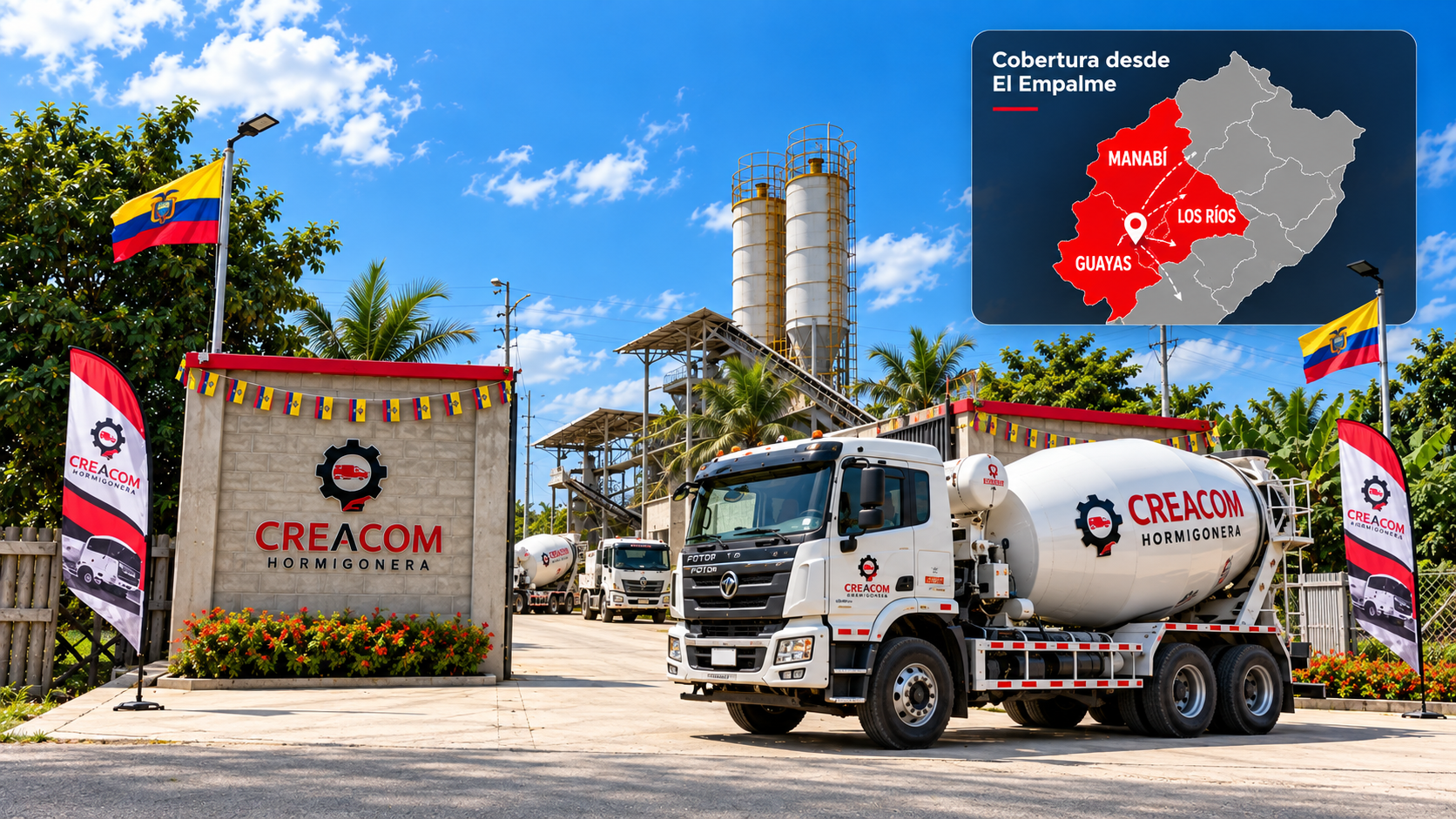 Mixer de Creacom frente a la planta con un mapa de cobertura de Guayas, Los Ríos y Manabí