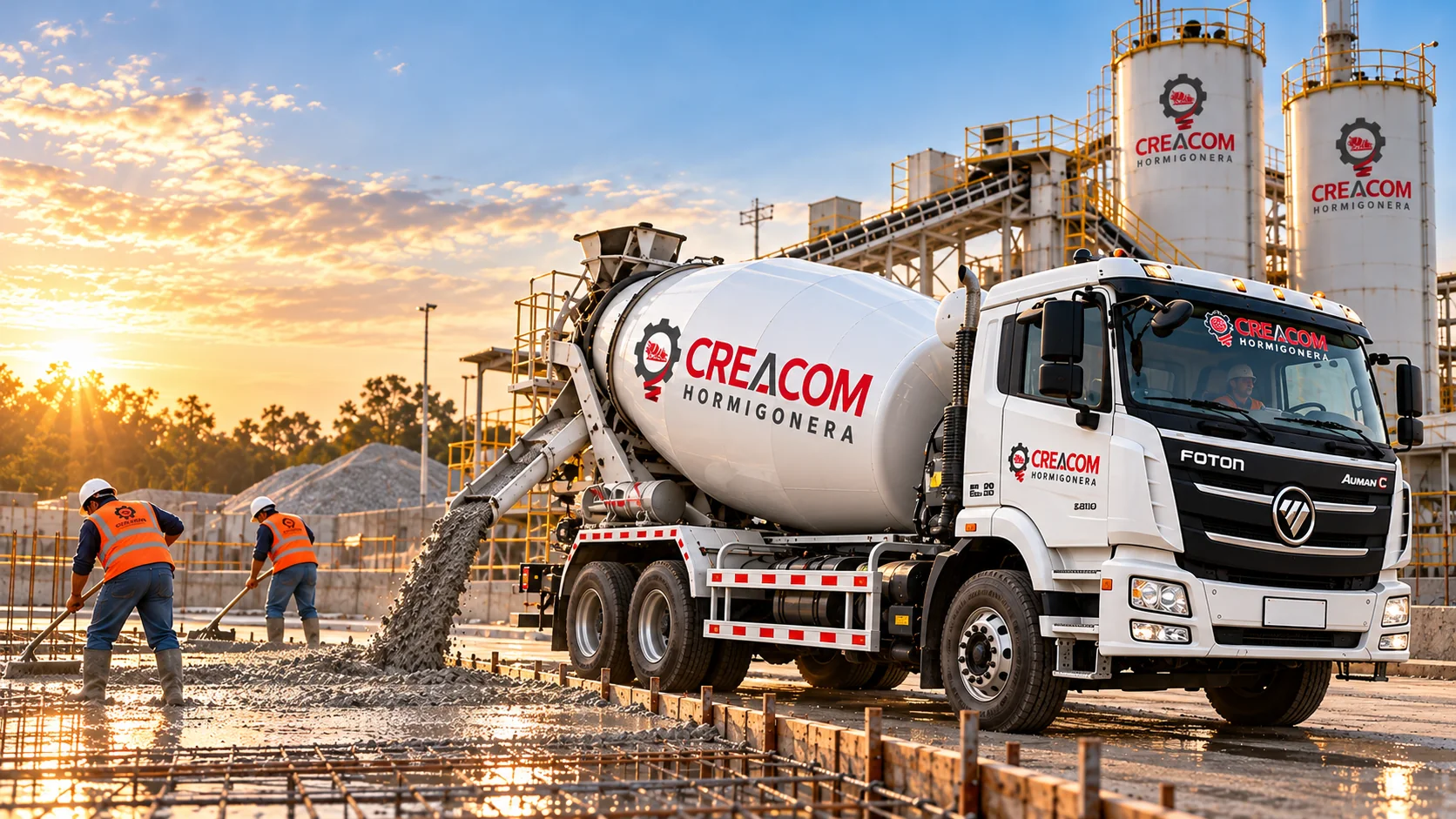 Mixer de Creacom junto a la planta y personal trabajando en obra