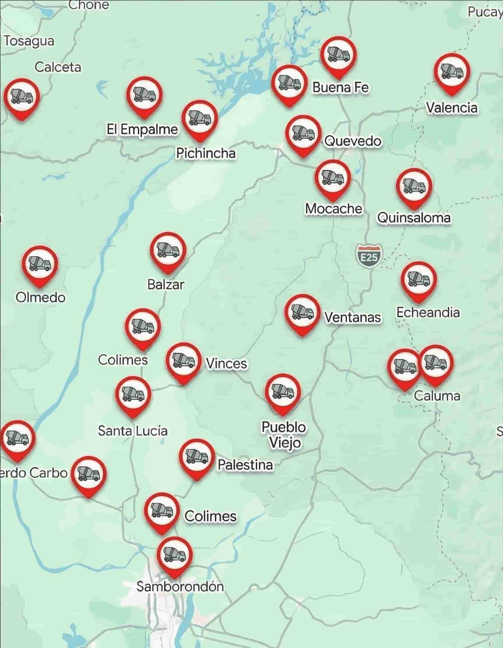 Mapa de cobertura de hormigón premezclado en Guayas, Los Ríos y Manabí
