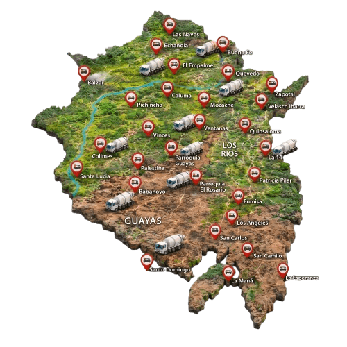 Mapa de cobertura de hormigón premezclado en Guayas, Los Ríos y Manabí